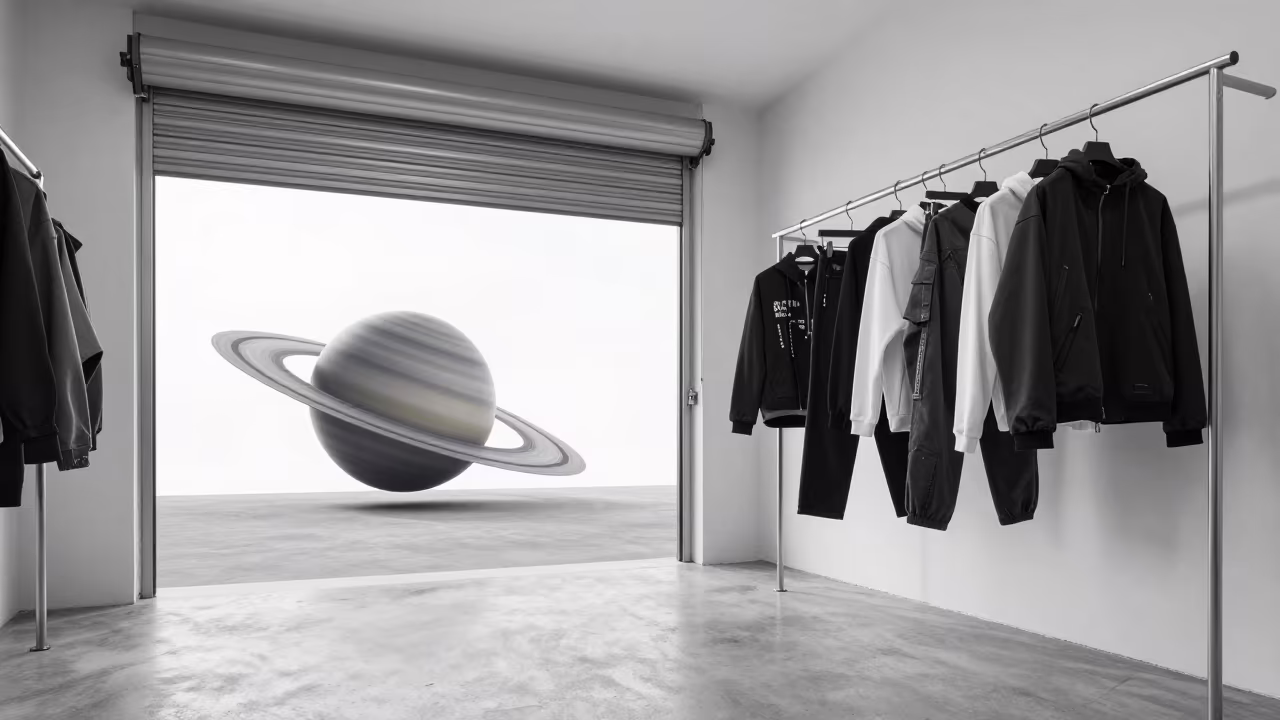 Surreal Planet Rings Over Chengdu Streetwear Display in inside a minimalist showroom in Chengdu