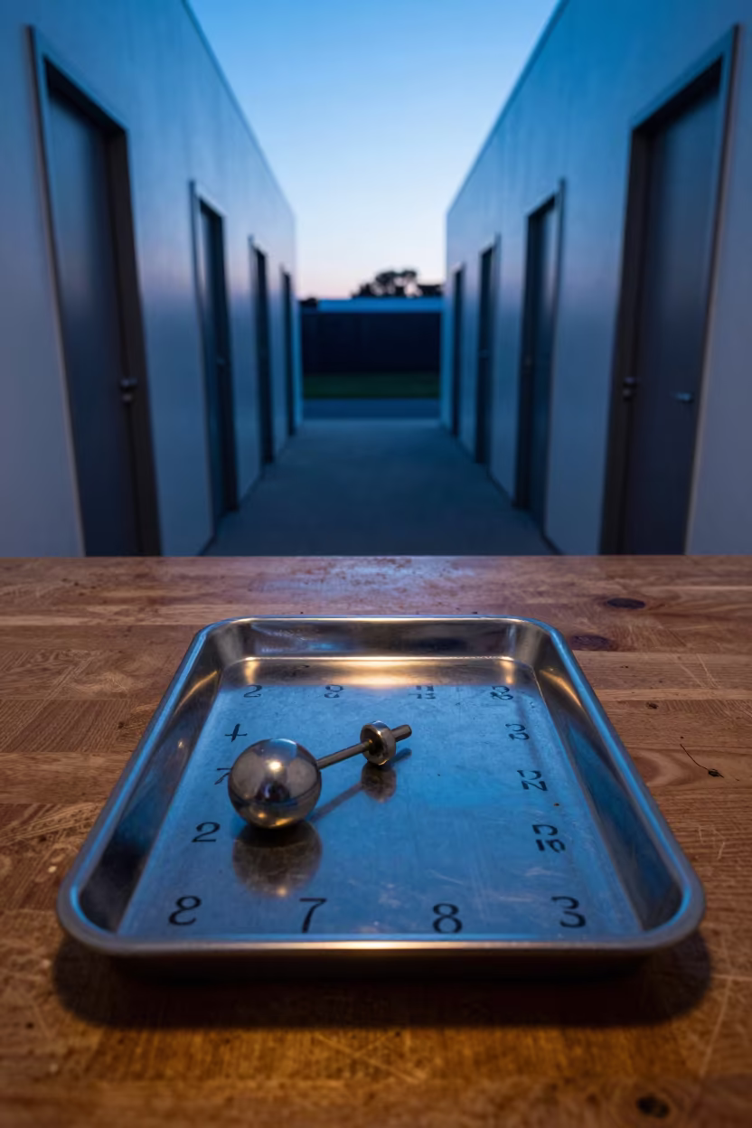 Surreal Plumb Bob Neon Light Wooden Tray in on a wooden workbench near Melbourne