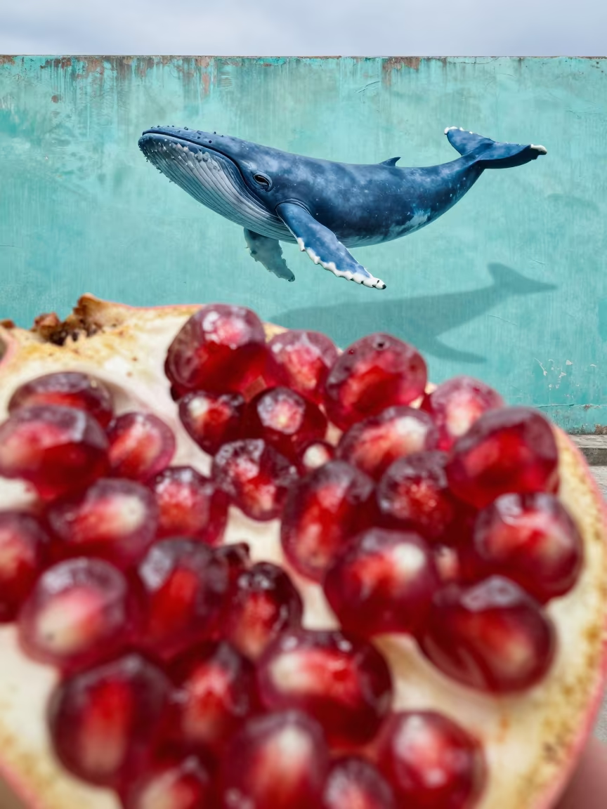 Surreal Pomegranate Seeds Blue Whale Shadow in against weathered turquoise paint in Rio de Janeiro