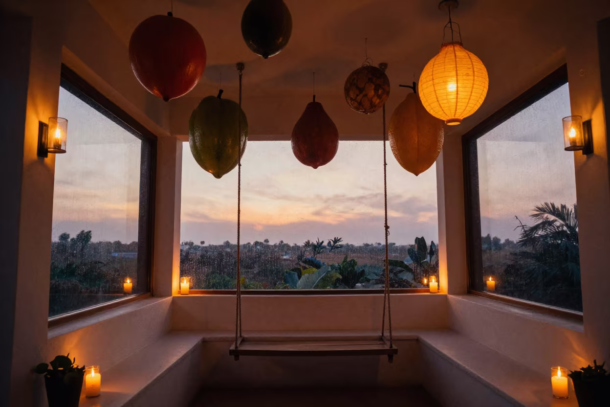 Surreal Porch Swing with Giant Fruit Ceiling in in a breakfast nook in Bilaspur