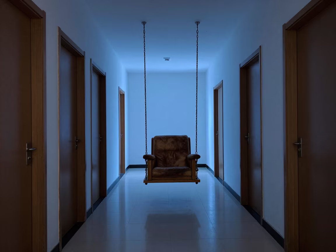 Surreal Porch Swing on Leather Chair at Blue Hour in on a worn leather armchair in Bonon