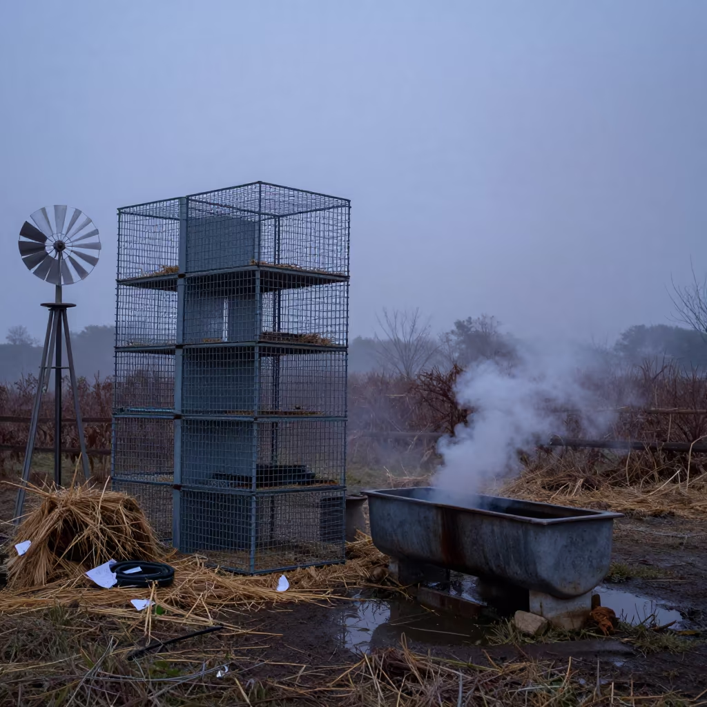 Surreal Poultry Crate Stack in Pampas Twilight in near a windbreak and water trough in the Pampas