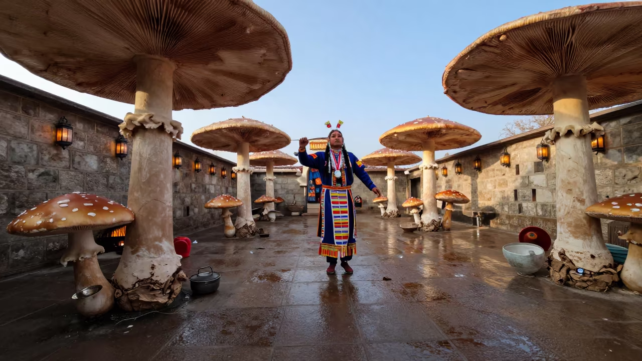 Surreal Pow Wow Dance in Lantern Shrine in in a shrine lined with lanterns near Hanumangarh