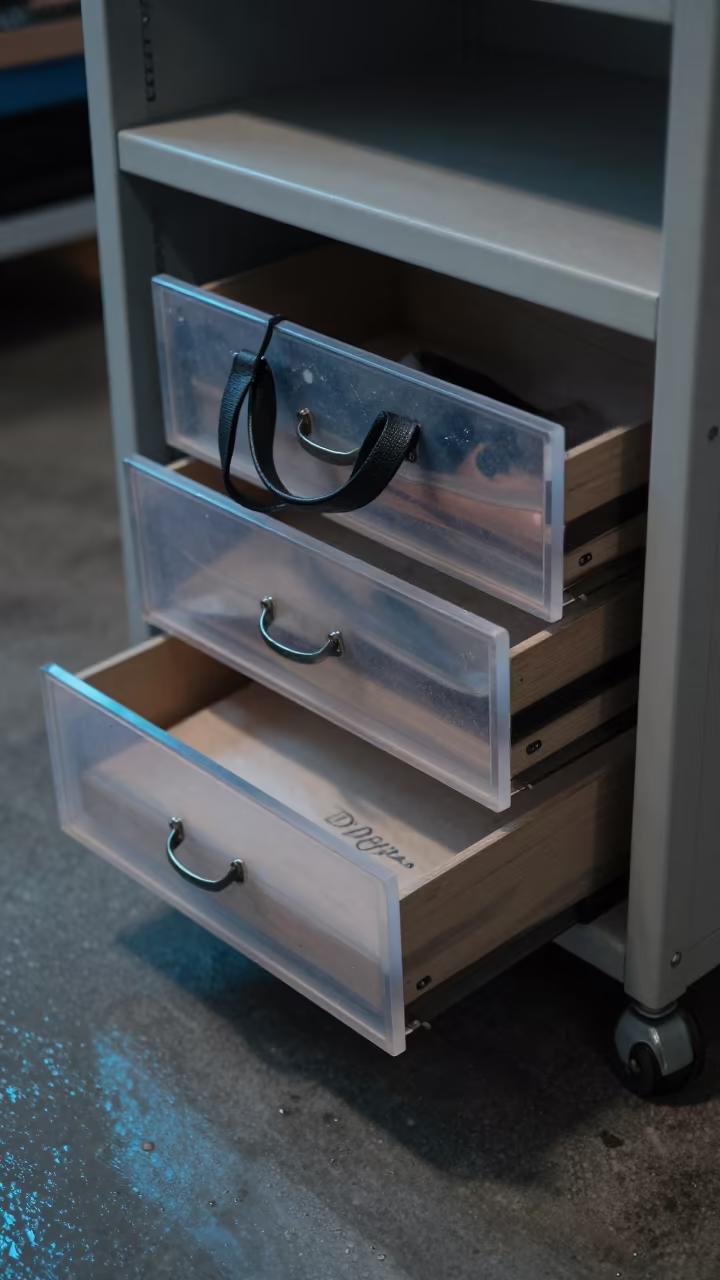 Surreal Rain Hood Bag in Dali Stockroom in inside a stockroom behind the sales floor in Dali