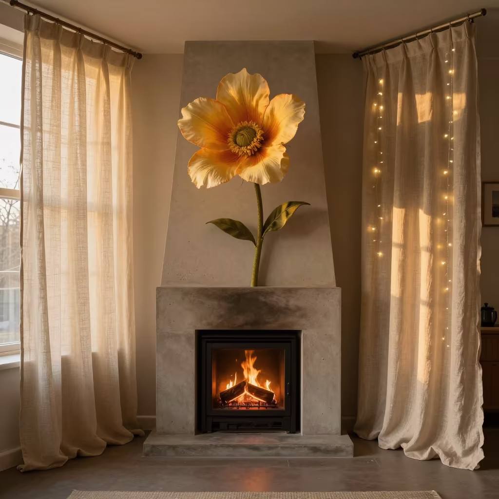 Surreal Reading Nook with Giant Flower and Fireplace in by a crackling fireplace in Stoke-on-Trent