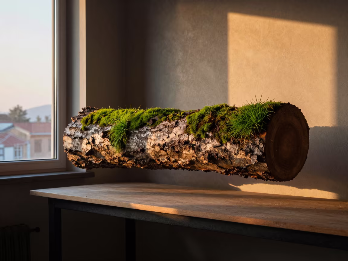 Surreal Redwood Trunk with Sideways Moss in on a workshop shelf near Bandırma
