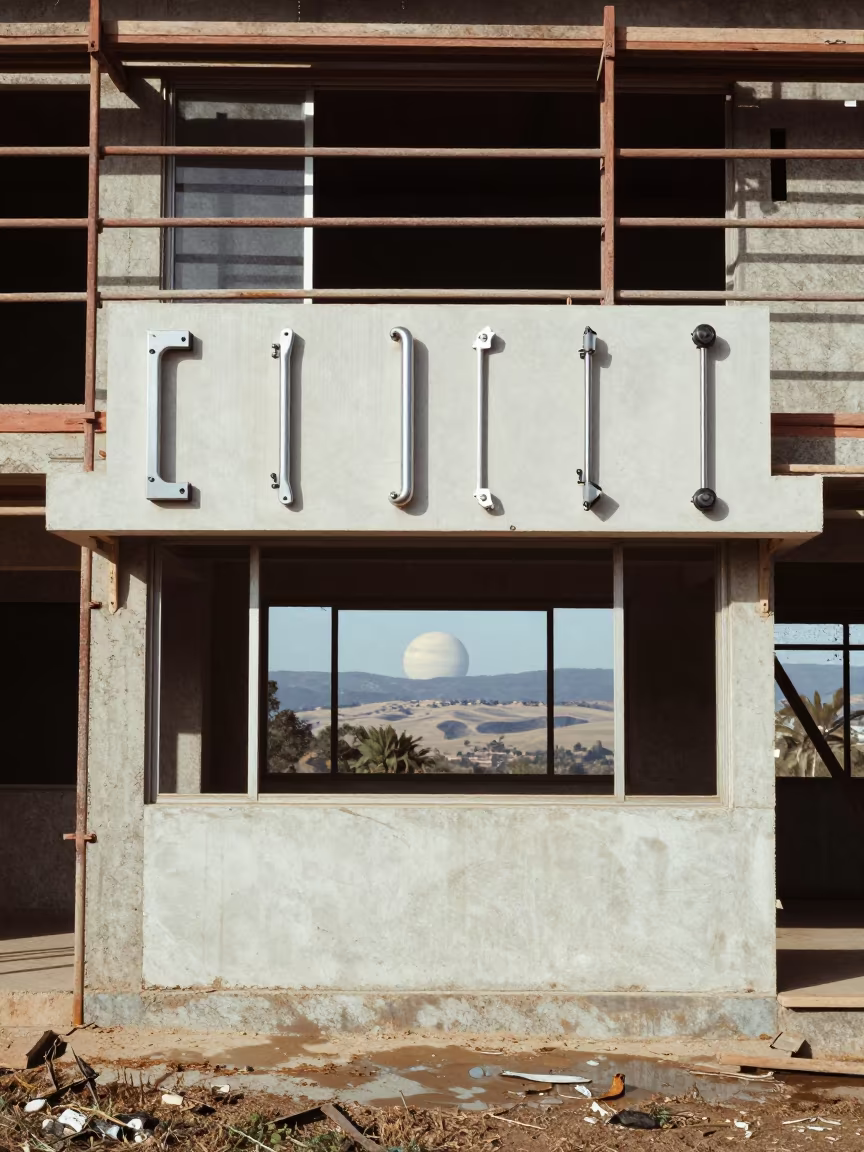 Surreal Ringed Planet Over Francistown Construction Site in along a scaffolded facade near Francistown