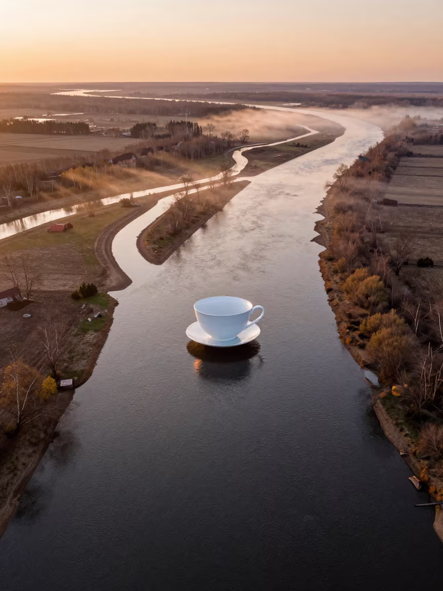 Surreal River Delta with Giant Teacup in far above surf-scalloped coastline in Belarus