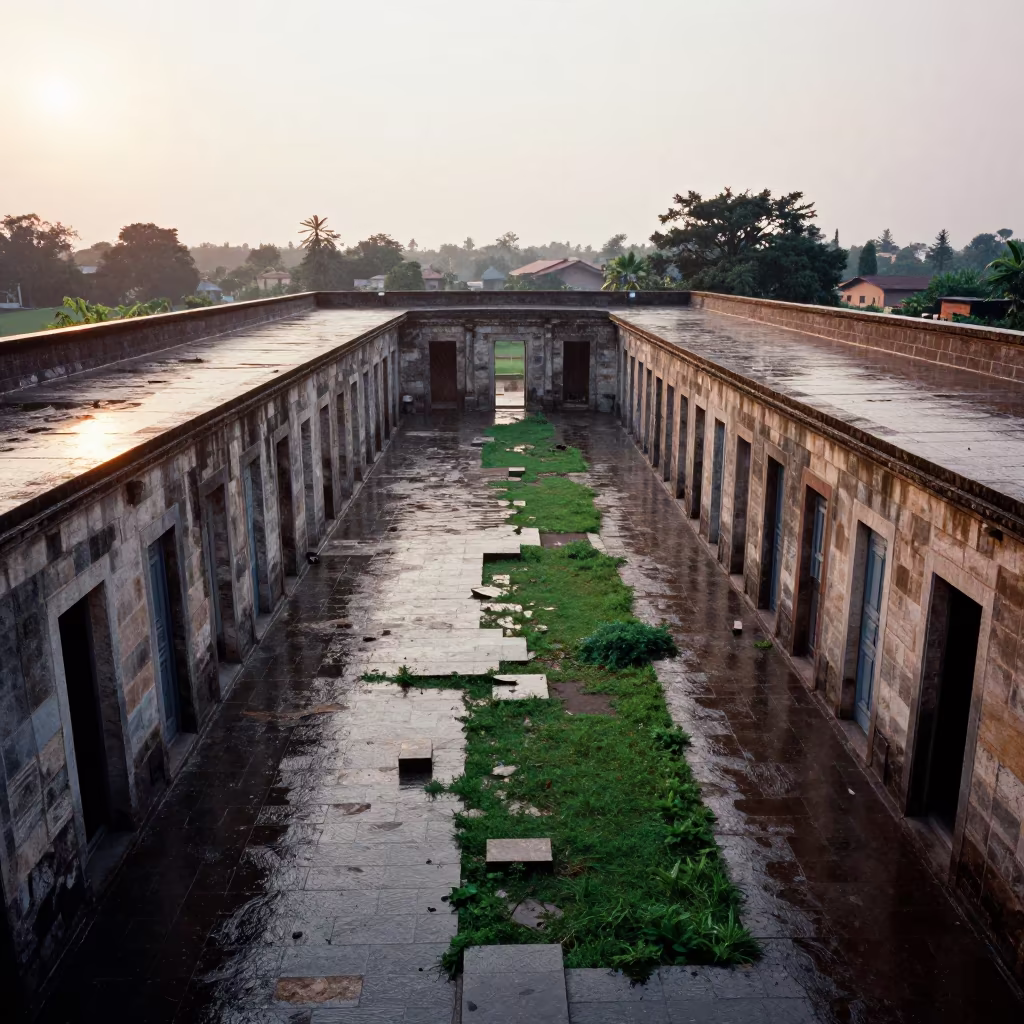 Surreal Roman Ruin Doors Rainy Season in inside a roofless nave near Chittagong
