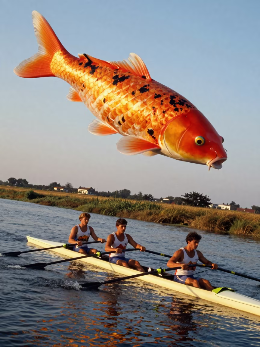 Surreal Rower Under Giant Koi Overhead in near open fields near Duluth