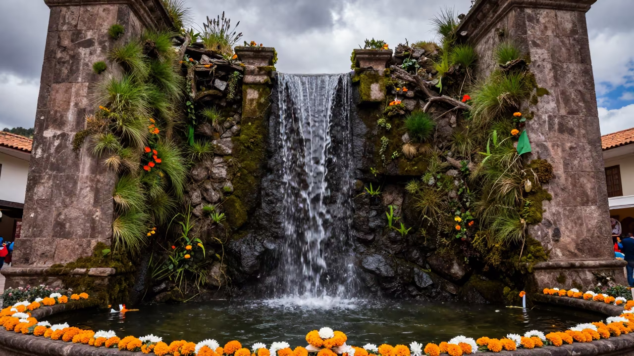 Surreal Sacred Waterfall Shrine Autumn Offerings in at a shrine entrance in San Pedro Market, Cusco