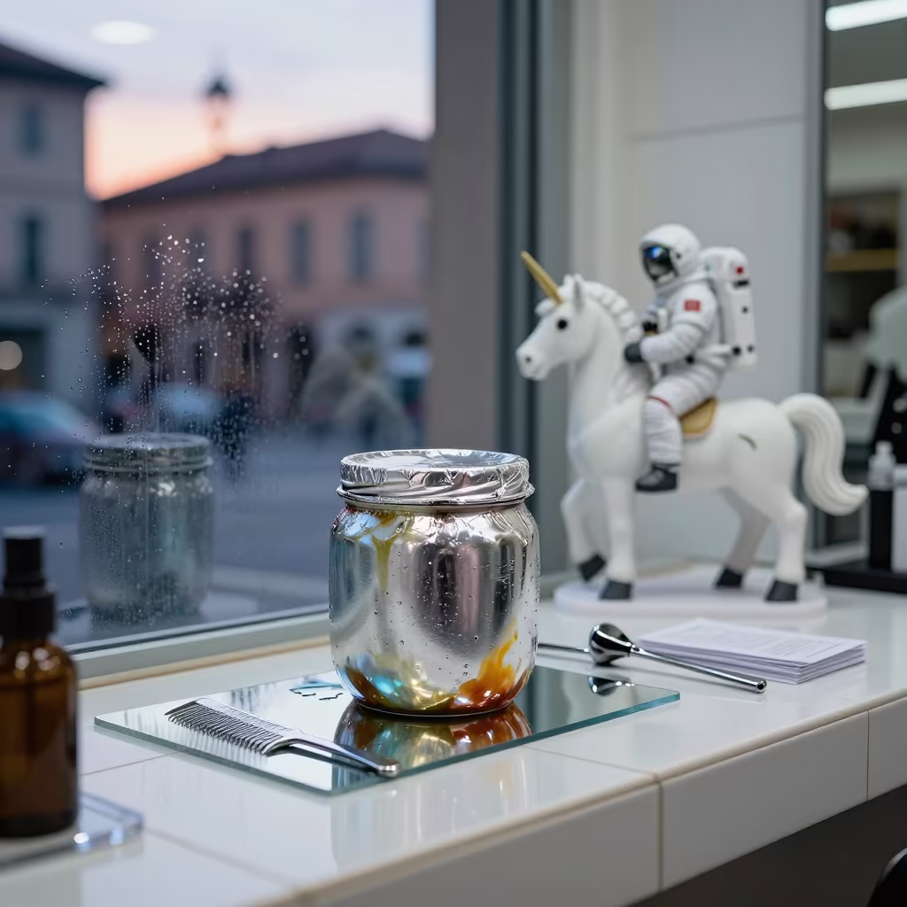 Surreal Salon Jar with Astronaut Unicorn in at a salon reception counter in Piacenza