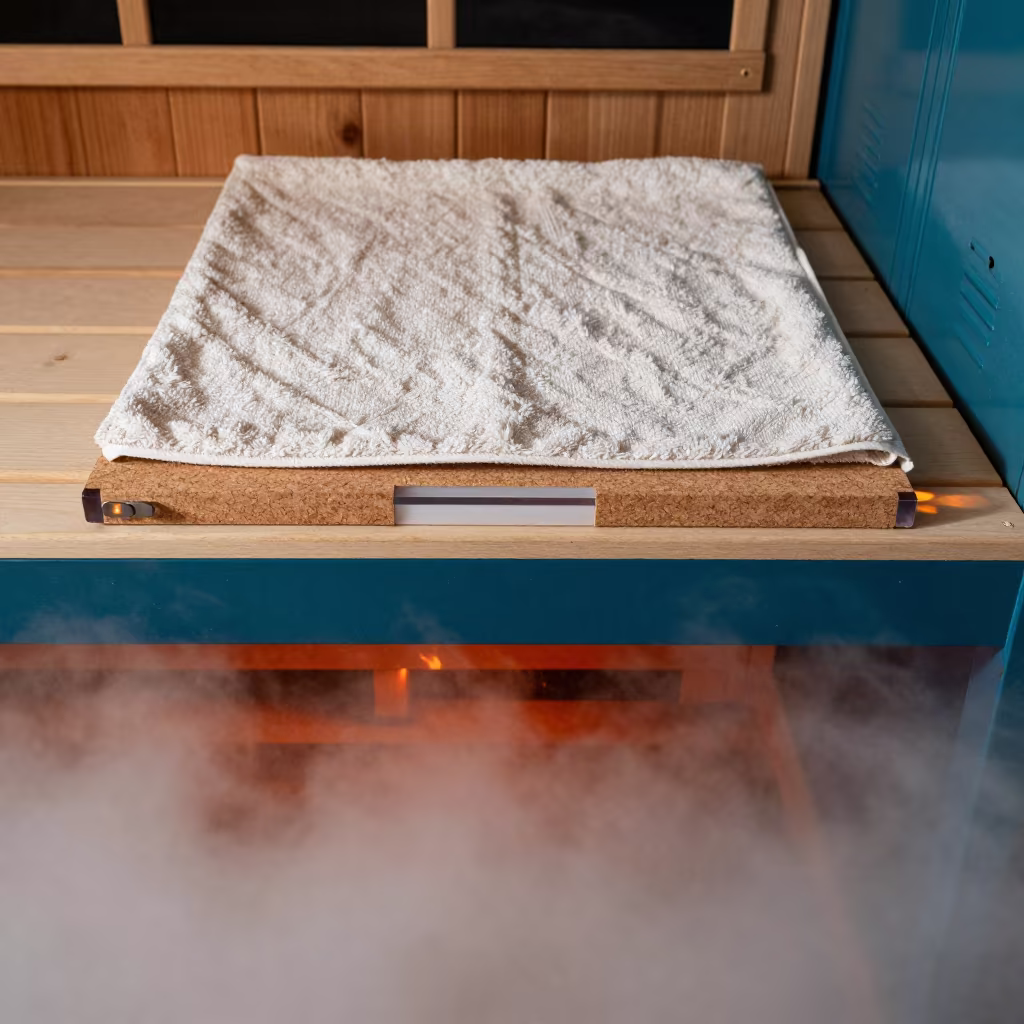 Surreal Sauna Board in Predawn Fog in on a workshop shelf in Plymouth