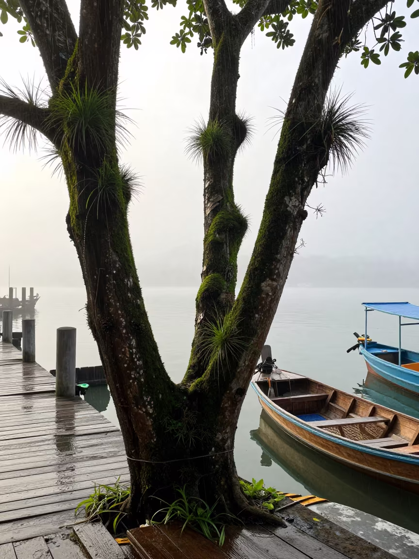 Surreal Sea Fog Over Thailand Harbor Wet Season in across a storm-bright plain in Thailand