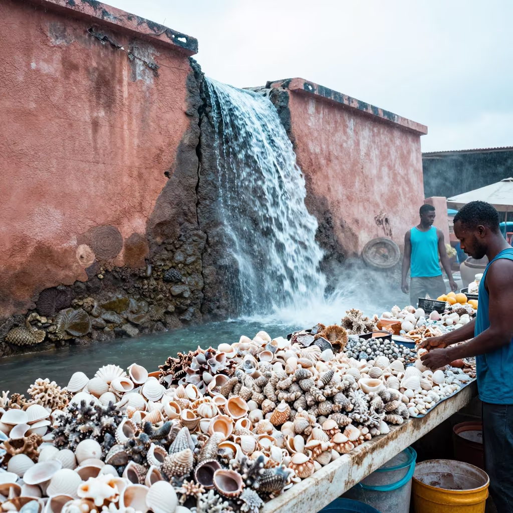 Surreal Seashell Vendor Waterfall Coral Wall Zanzibar in along a coral wall with blue water beyond near Zanzibar