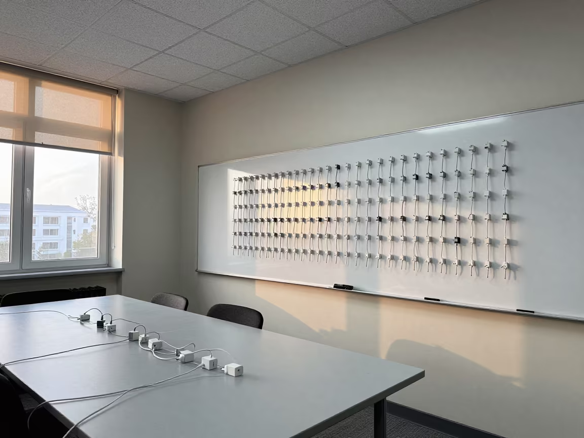 Surreal Seminar Room with Whiteboard Grid of Chargers in inside an art classroom near Beit Shemesh