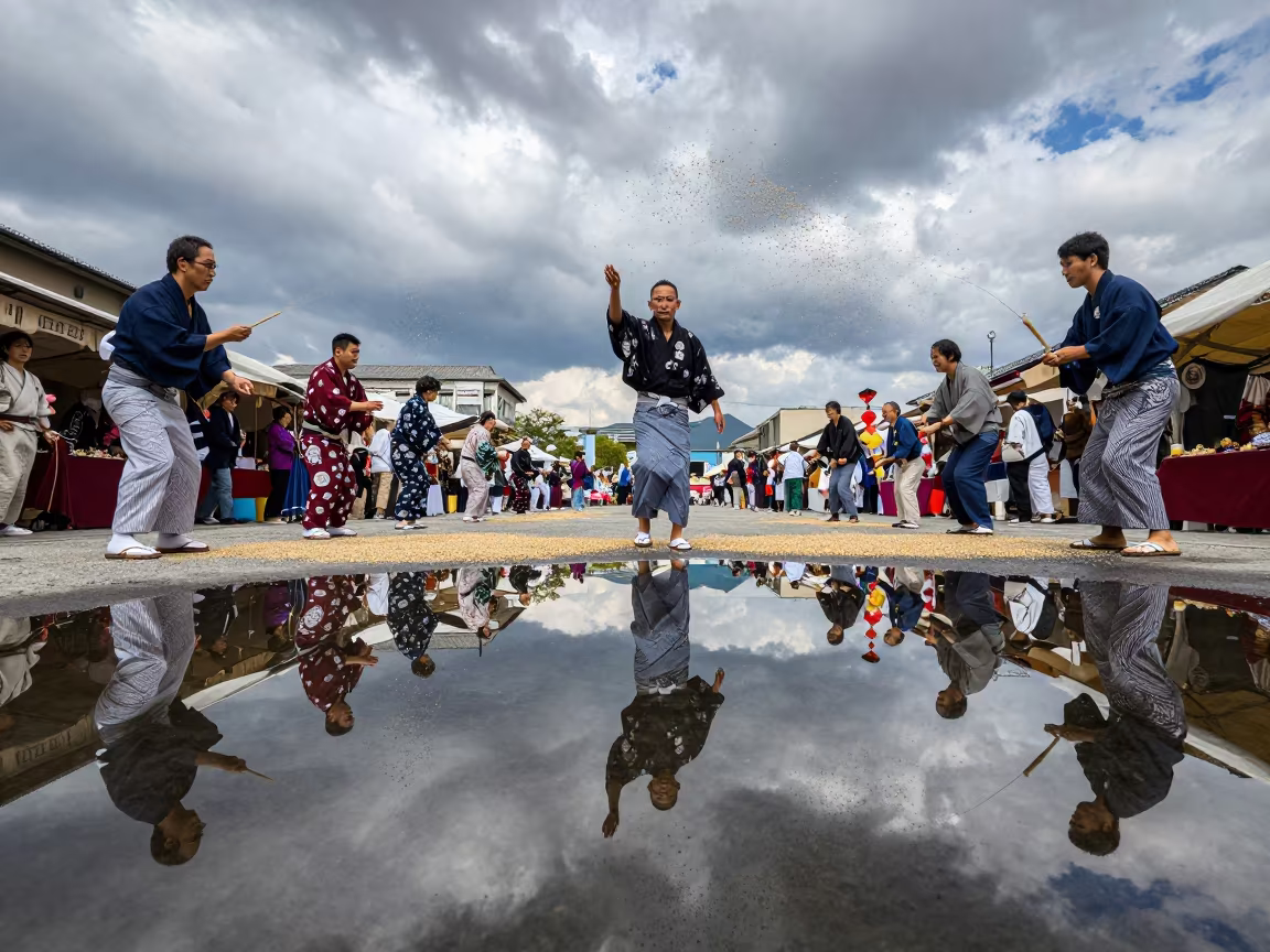 Surreal Setsubun Festival on Mirror Water in at a night market in Guadalajara