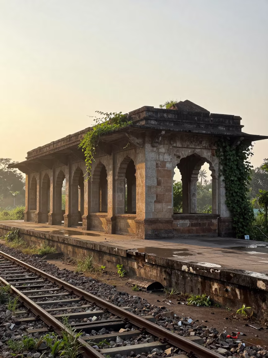 Surreal Shadows Pointing at Sunrise India Station in among roofless stone chambers in India