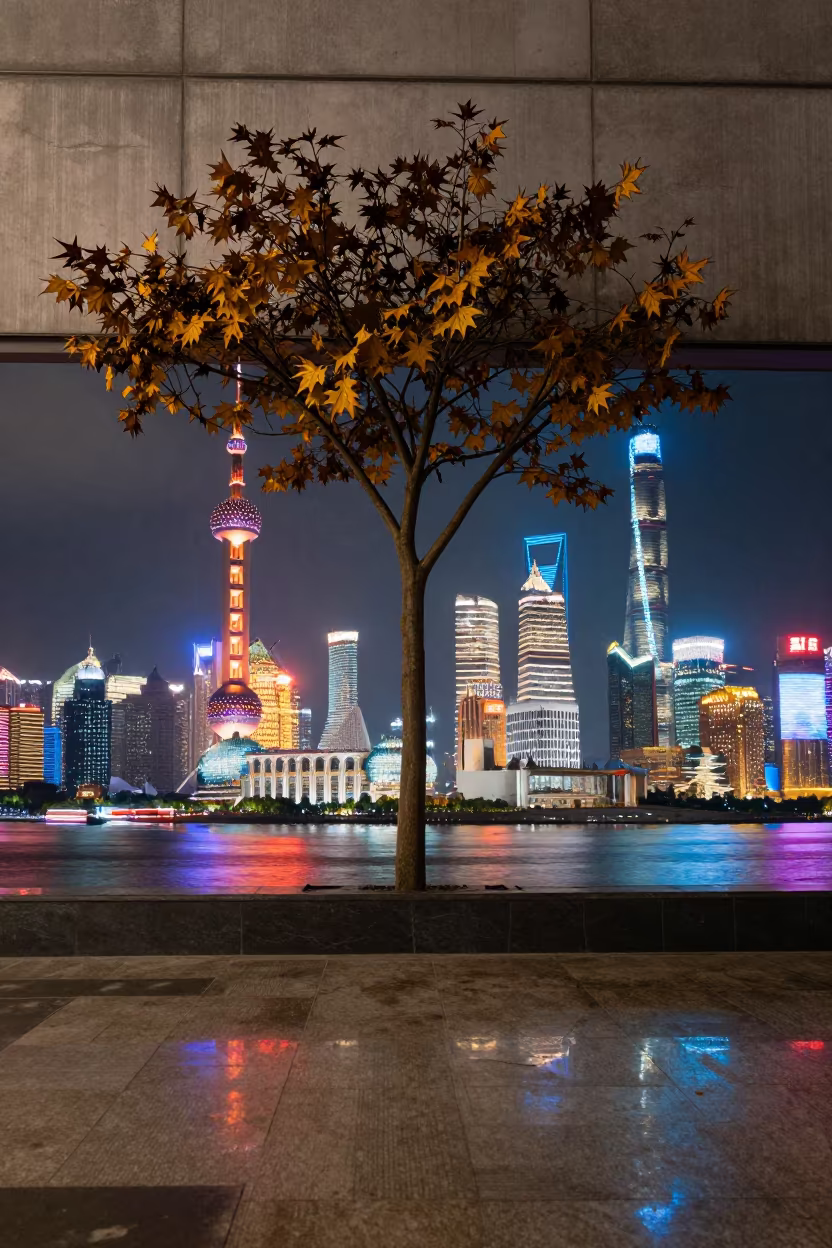 Surreal Shanghai Bund Neon Skyline Tree in on a painted display ledge in Old City, Shanghai