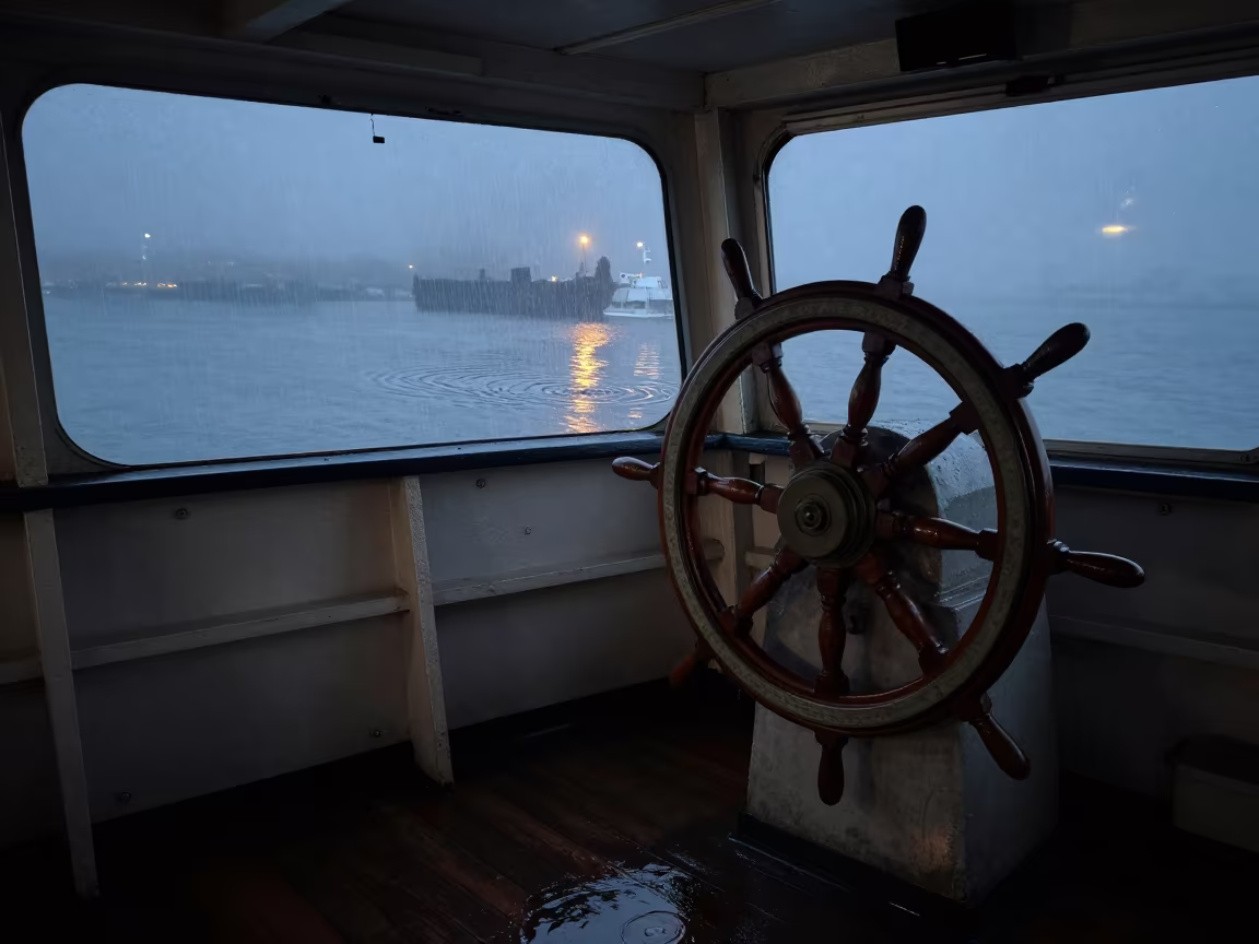 Surreal Ship Wheel Reflecting in Midnight Gabon Water in beside a fogbound harbor mouth in Gabon