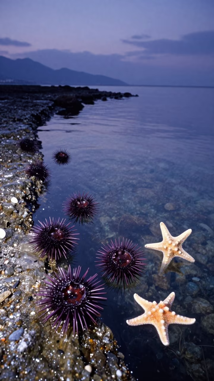 Surreal Sicilian Tide Pool with Floating Sea Urchins in beside a tide-cut rock ledge under clear water in Sicily