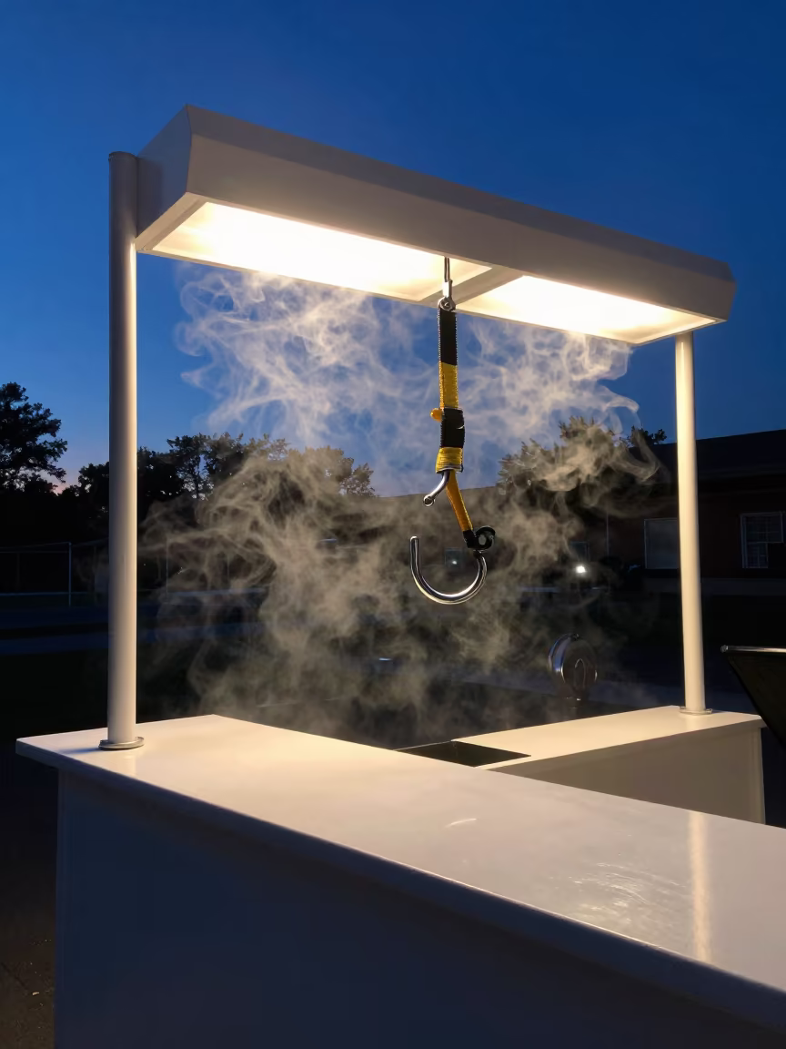 Surreal Sled Harness Rail in Tripoli Gym Twilight in at a gym check-in desk in Tripoli