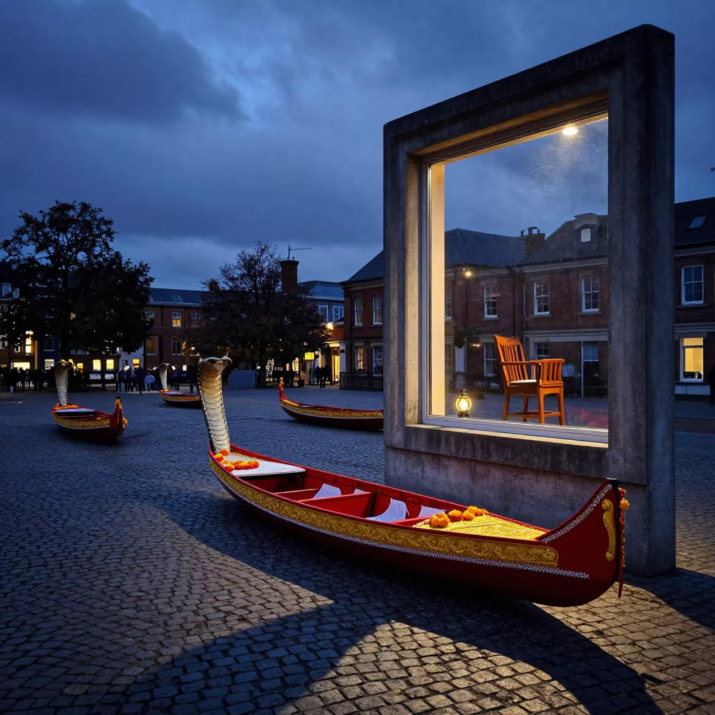 Surreal Snake Boats and Window in Birmingham Square in at a public square during a festival in Birmingham