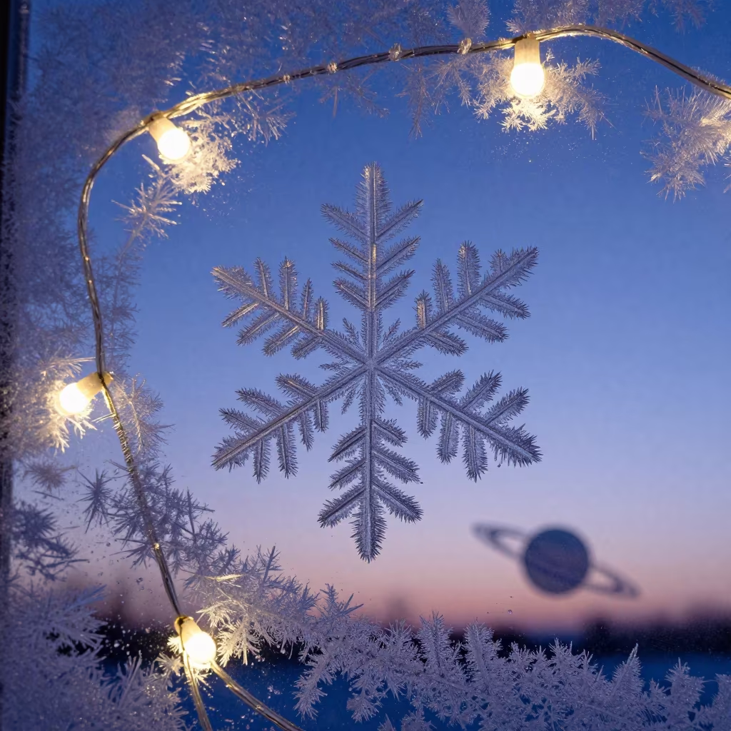 Surreal Snowflake Macro with Ringed Planet Twilight in along a frost-edged windowpane in Zinder
