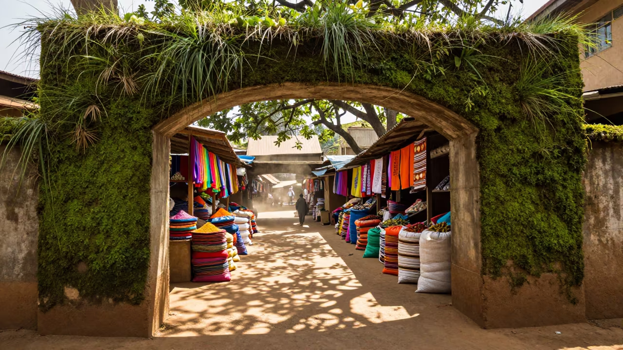 Surreal Spice Market Arch with Sideways Growing Moss in at a textile trader's stall in Enugu
