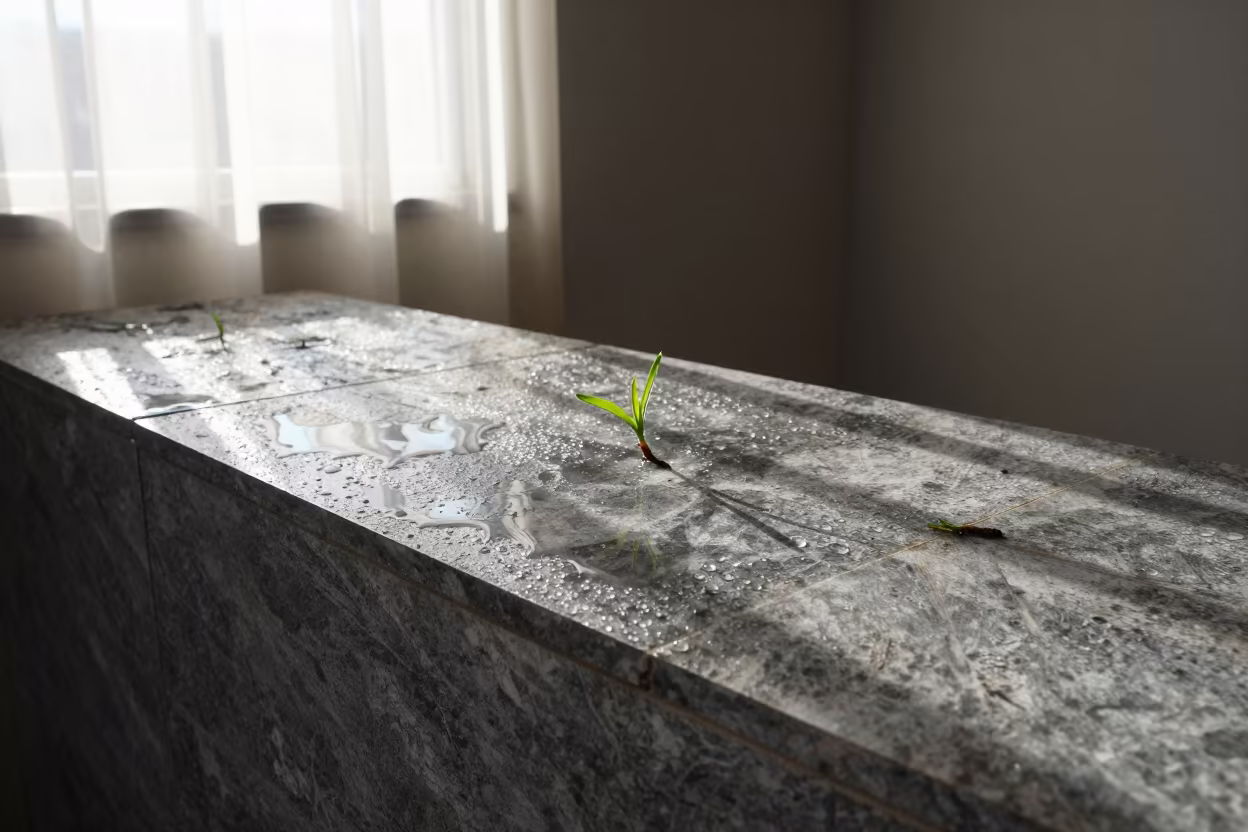 Surreal Spring Rain Pooling on Katsina Stone Patio in on a stone ledge in Katsina