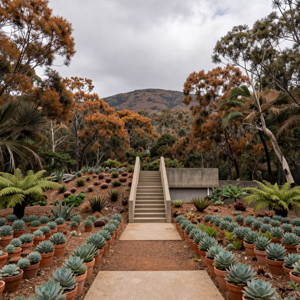 Surreal Staircase Amidst Succulents and Ferns in on a fern-lined forest floor near Adelaide