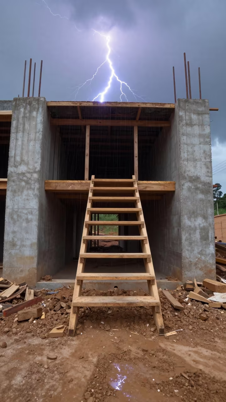 Surreal Staircase Under Frozen Lightning Strike in at a muddy site access road in Minas Gerais