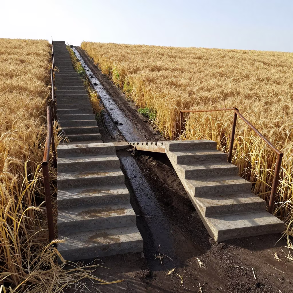 Surreal Staircase in Turkmen Wheat Field After Rain in beside a tractor track through dark soil in Turkmenistan