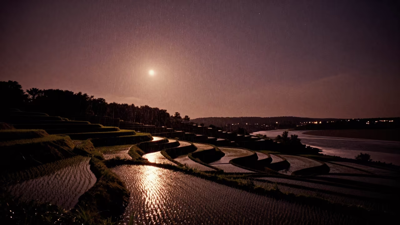 Surreal Starlit Rice Paddies Saxony Night in along a dark shoreline with tidal glow in Saxony