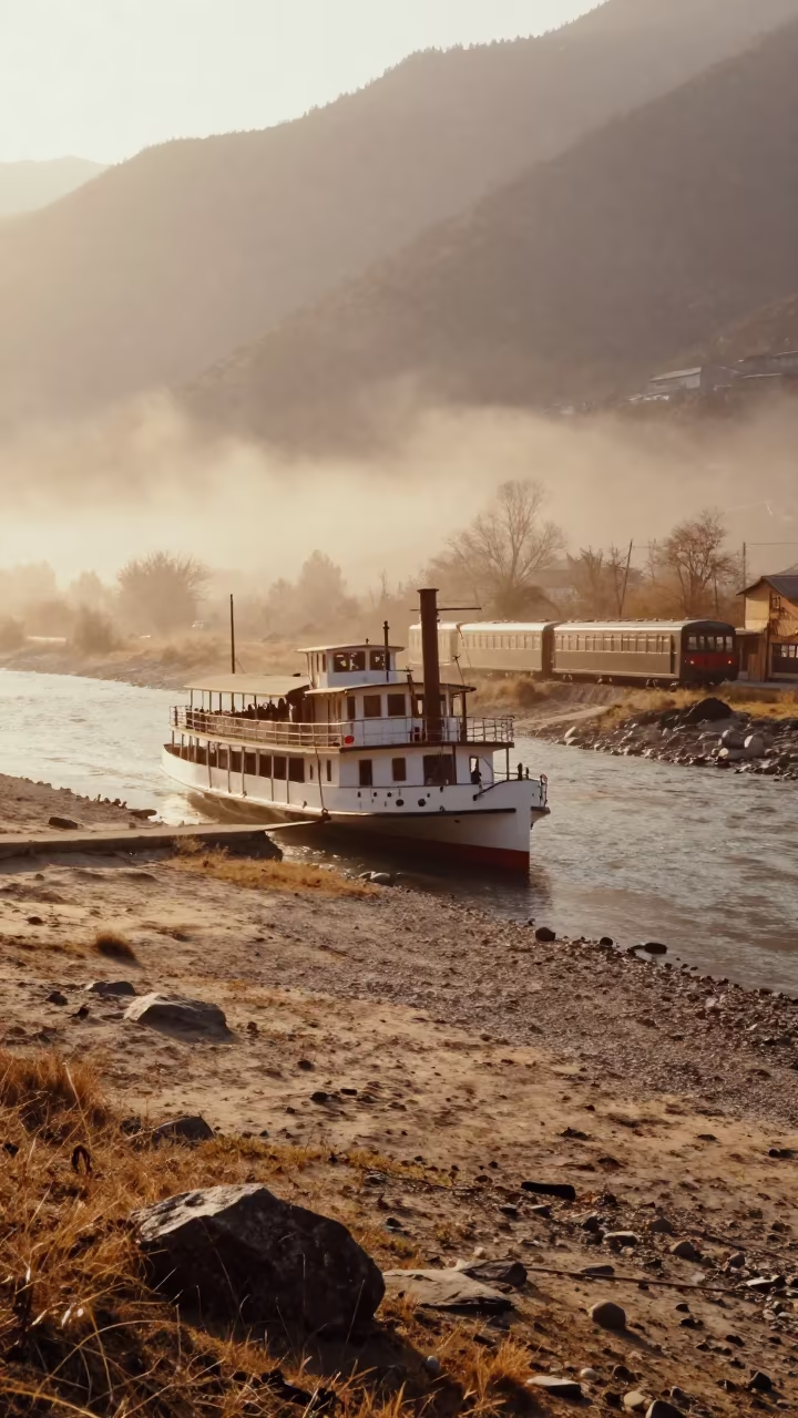 Surreal Steamboat and Train Car in Andorra Fog in beside a fogbound harbor mouth in Andorra