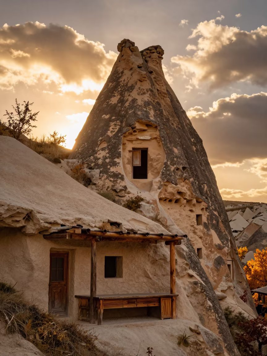 Surreal Stone Furniture Cappadocia Golden Hour in from a ridge above layered foothills near Nevşehir