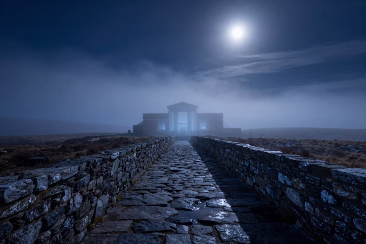 Surreal Stone Packhorse Bridge Under Moonlit Fog in beside a canal-front facade in New Brunswick
