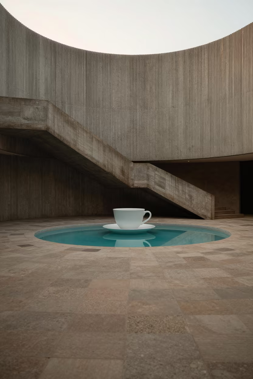 Surreal Stone Steps and Giant Pool Teacup in Masvingo Lobby in inside a ribbed concrete lobby in Masvingo