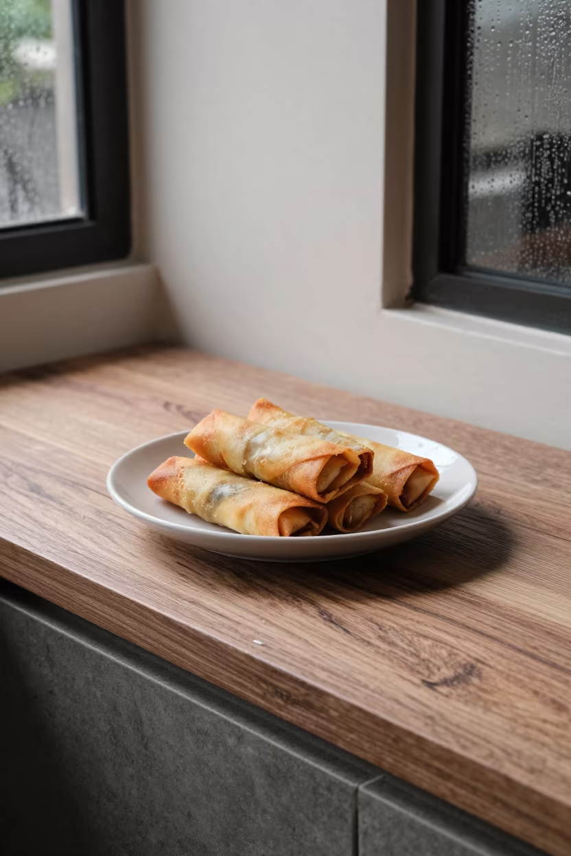 Surreal Stone Wood Lumpia Plate Manila in on a kitchen worktop in Poblacion, Manila