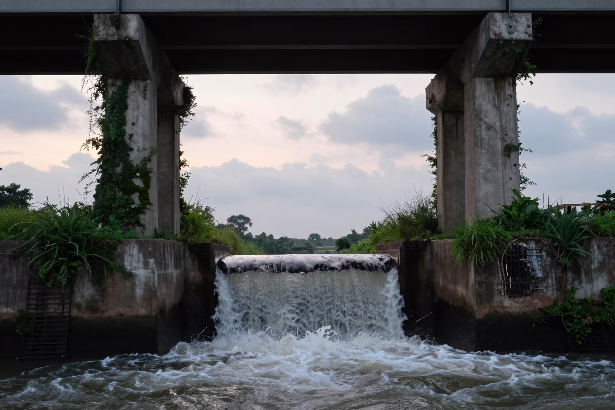 Surreal Storm Drain Under Nigerian Viaduct in under a viaduct of steel and concrete in Nigeria