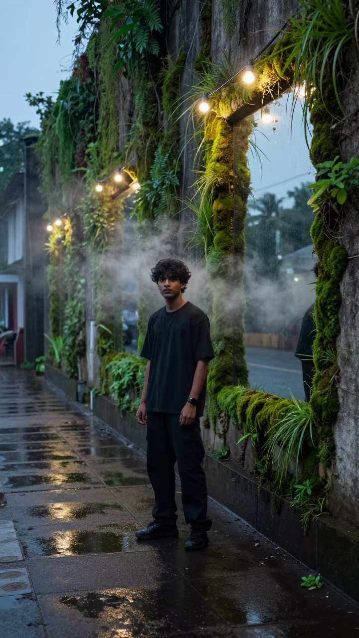 Surreal Streetwear Mirror Wall Moss Sidewalk in on a rain-darkened city sidewalk in Kollam