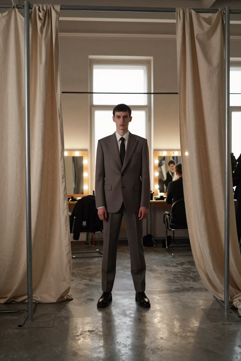 Surreal Suiting Drapes in Erzurum Backstage in beside a mirror lined with makeup bulbs in Erzurum