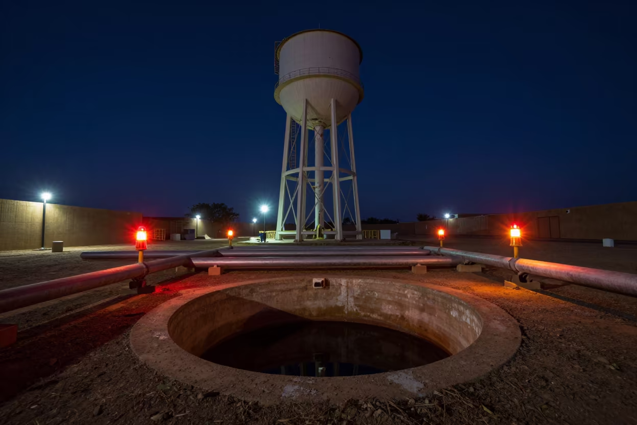 Surreal Sump Reflection Under Night Floodlights in beside a water tower ladder in Chad