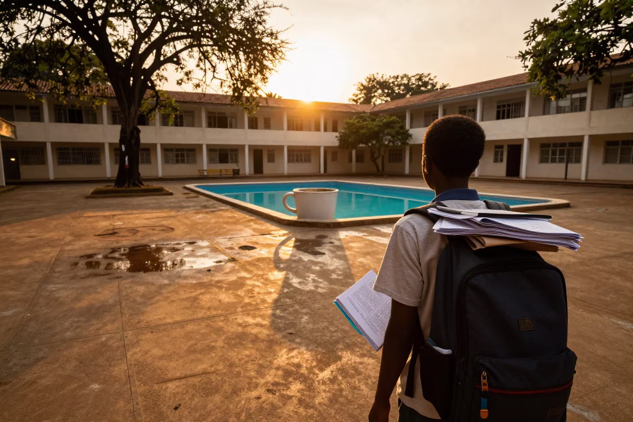 Surreal Sunset Packet Slip Luanda Campus in across a rain-washed campus courtyard near Luanda
