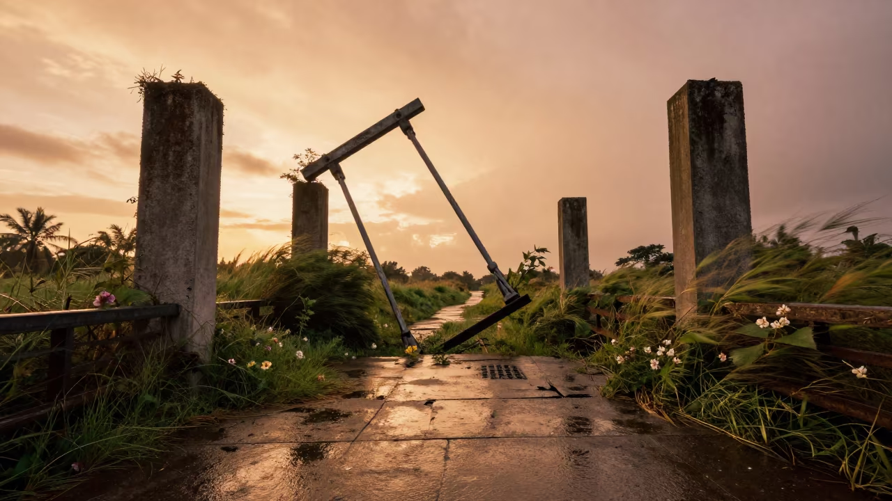 Surreal Swing Bridge Ruin with Flowering Concrete in among toppled columns and nettles near Freetown