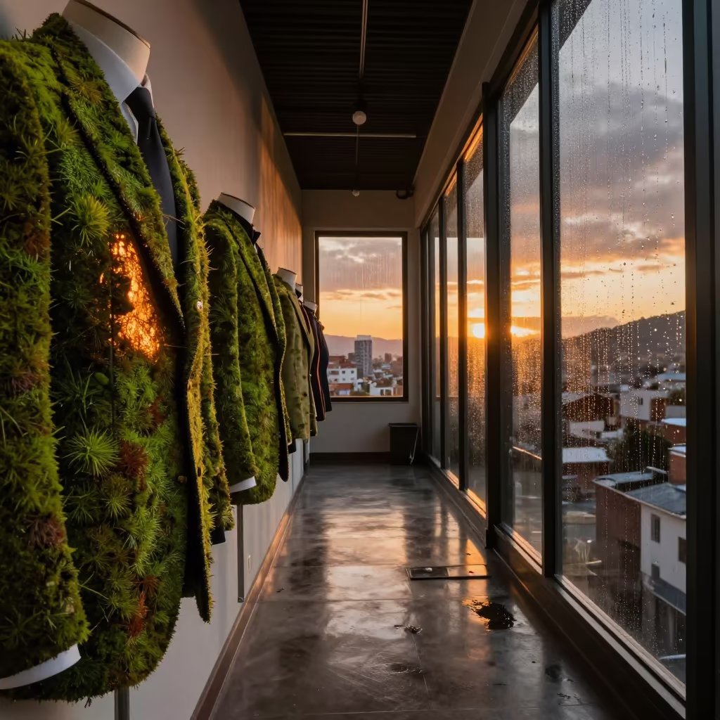 Surreal Tailor Basting Lapels Moss Corridor in in a backstage changing corridor near Valle de la Pascua