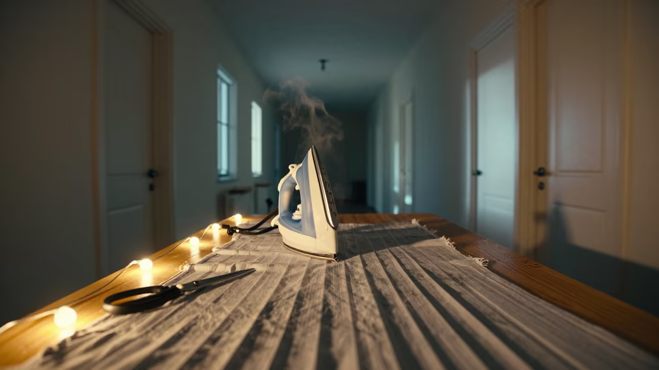 Surreal Tailor Ironing Pleats Under String Lights in at a tailoring table strewn with chalk and shears near Brasilia