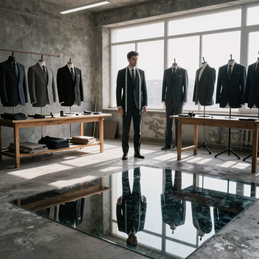 Surreal Tailor Measuring Suit in Mirror Water Atelier in at a tailoring table strewn with chalk and shears in İnegöl
