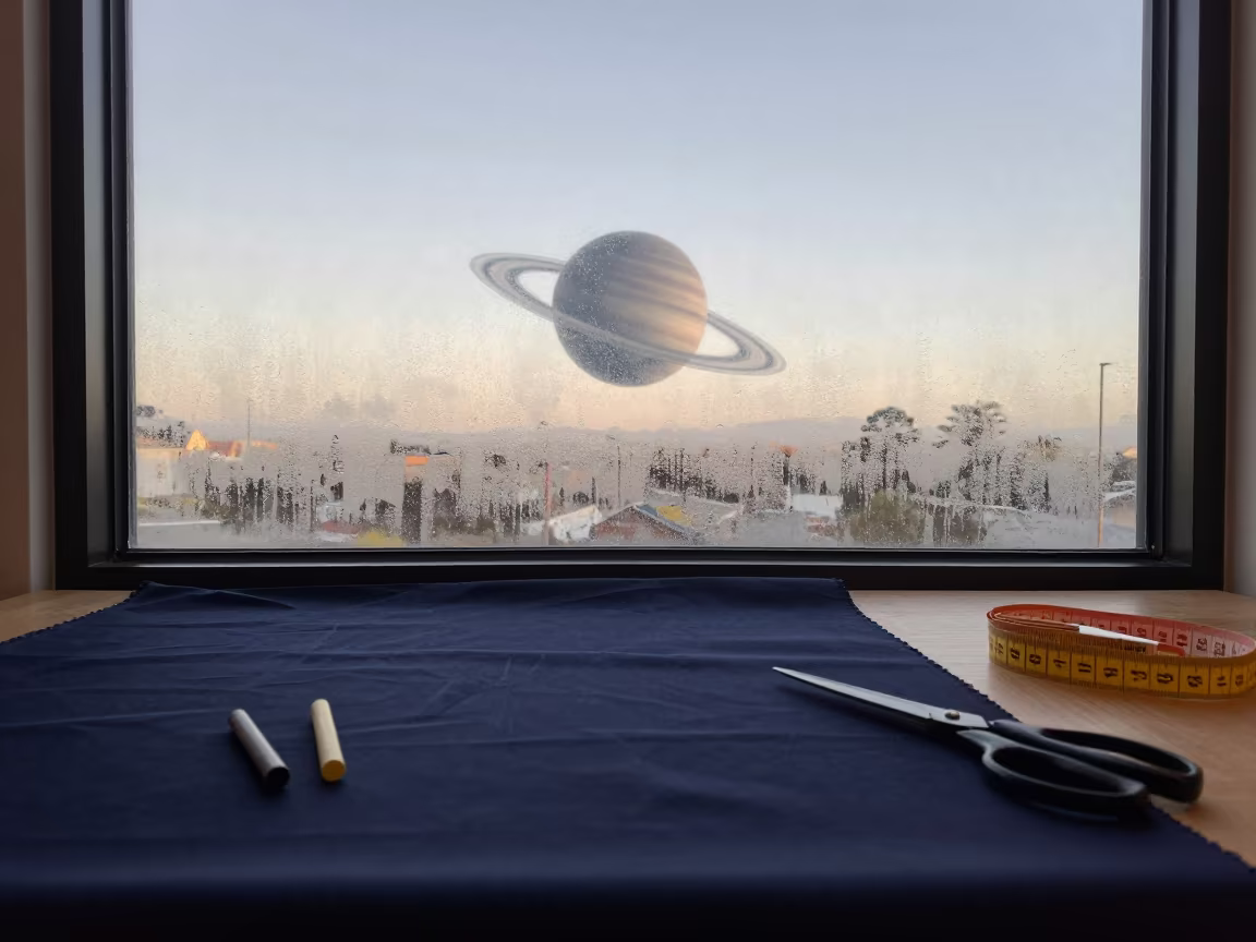 Surreal Tailor Table With Ringed Planet in at a tailoring table strewn with chalk and shears in Perth