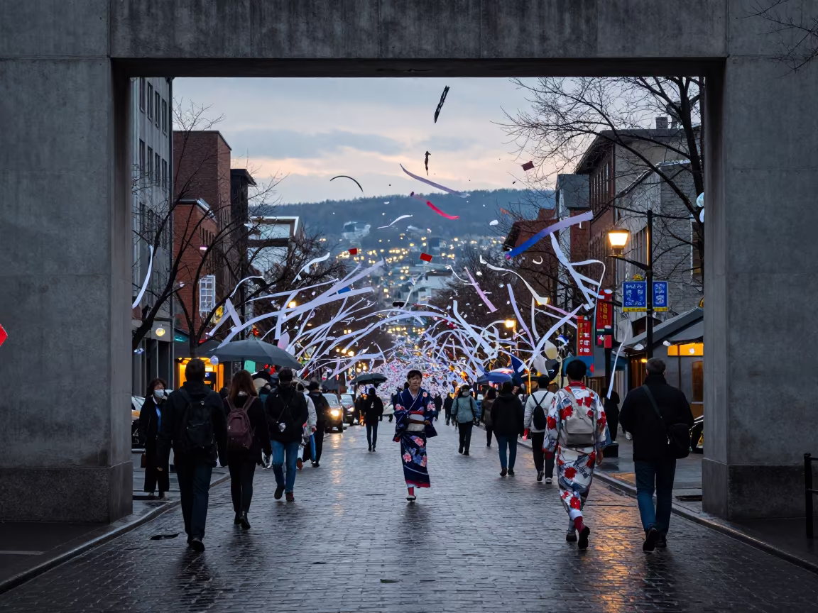 Surreal Tanabata Streamers Floating Over Montreal Rain in at a festival street procession in Montreal